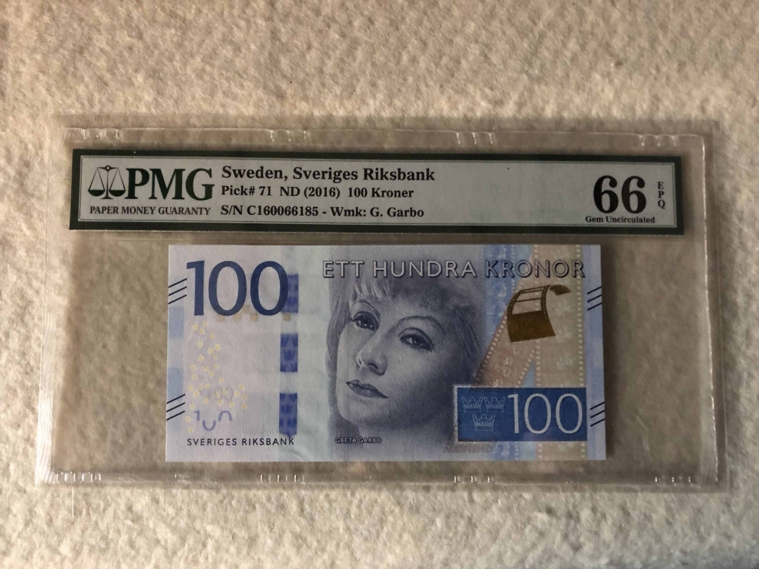 【收藏联盟】第110期拍卖——悠远岛歌 瑞典 2016年 100克朗 p71b PMG66EPQ 影星葛丽泰-嘉宝