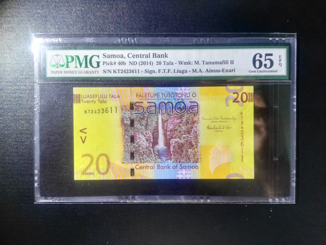 【收藏联盟】第110期拍卖——悠远岛歌 萨摩亚 2014年 20塔拉 p40b 非常漂亮 PMG65EPQ 