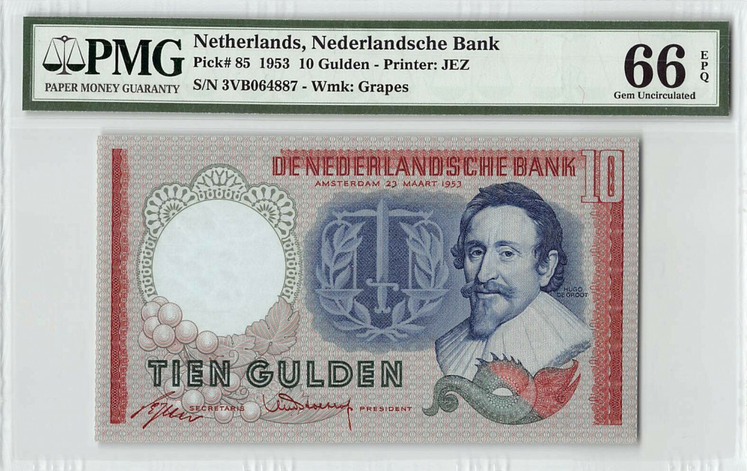 【收藏联盟】第110期拍卖——悠远岛歌 荷兰 1953年 10盾 PMG66EPQ p85 JEZ 法学家胡果•格老秀斯