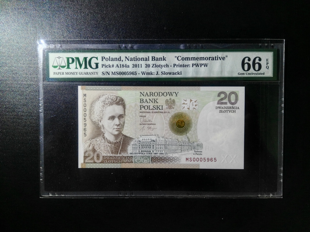 【收藏联盟】第110期拍卖——悠远岛歌 波兰2011年 20兹罗提 居里夫人纪念钞 P-184a PMG66EPQ 