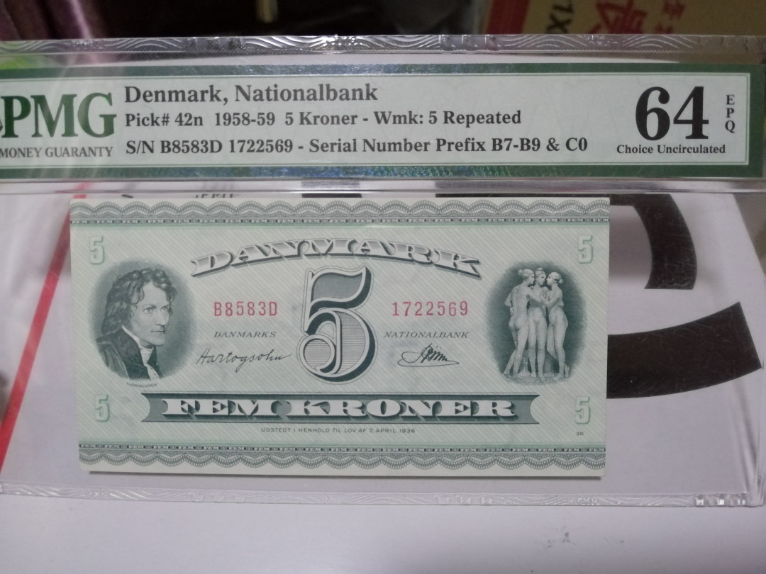 【收藏联盟】第110期拍卖——悠远岛歌 丹麦 1958-59年 5克朗 PMG64EPQ 原票UNC品相  p42n