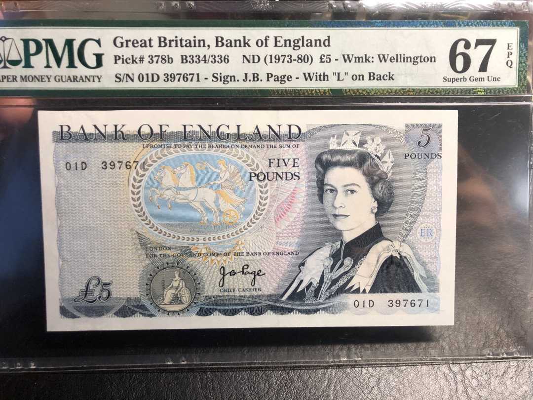《外钞收藏家》第七十二期拍卖 英国D序列5镑pmg67 378b