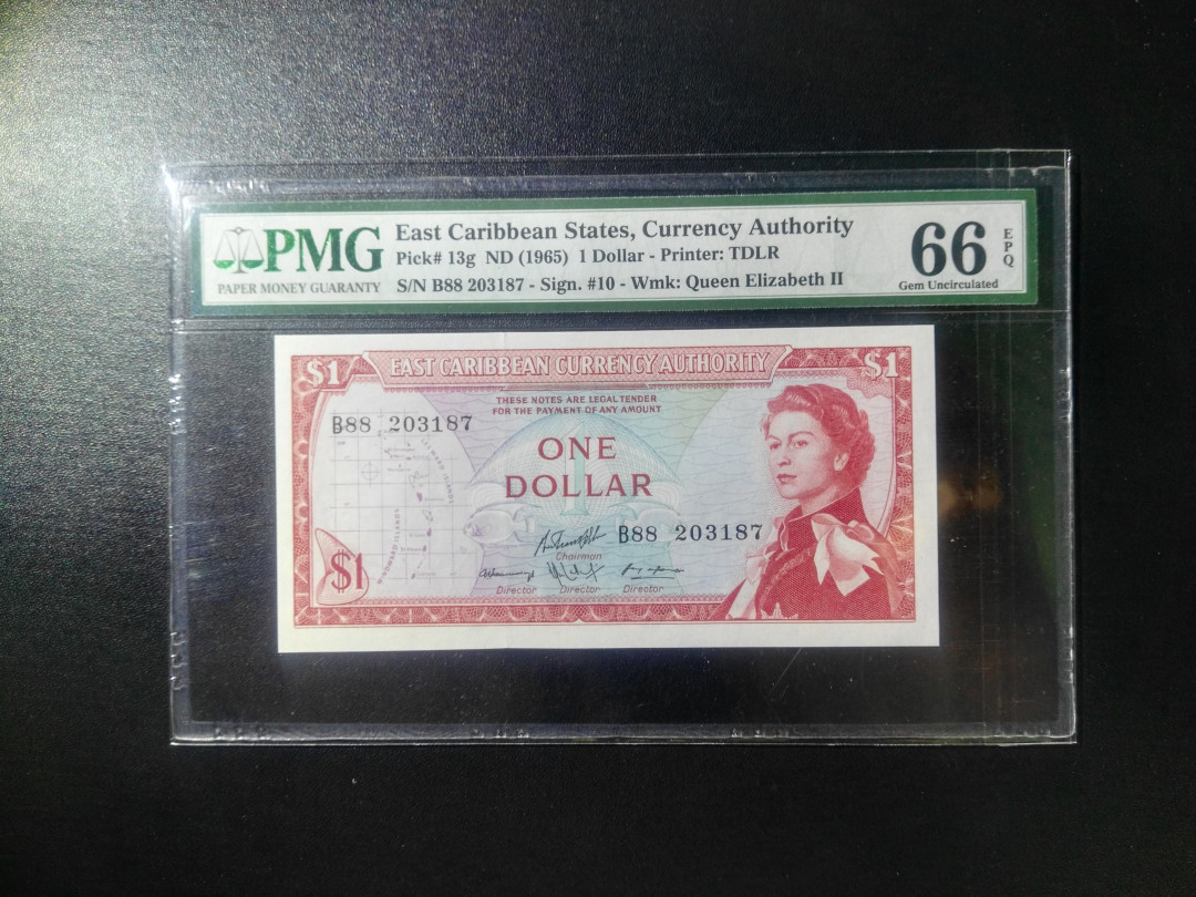 【收藏联盟】第110期拍卖——悠远岛歌 东加勒比 1965年1元PMG66EPQ 戎装女王 