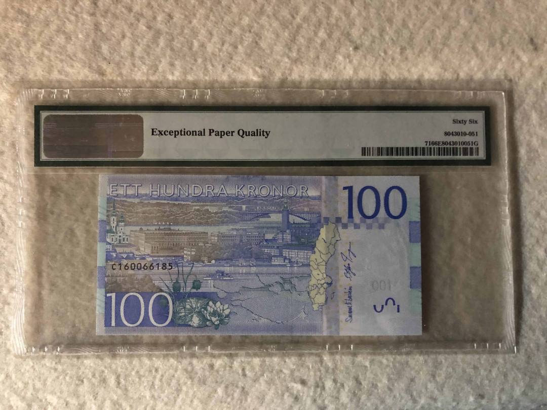 【收藏联盟】第110期拍卖——悠远岛歌 瑞典 2016年 100克朗 p71b PMG66EPQ 影星葛丽泰-嘉宝