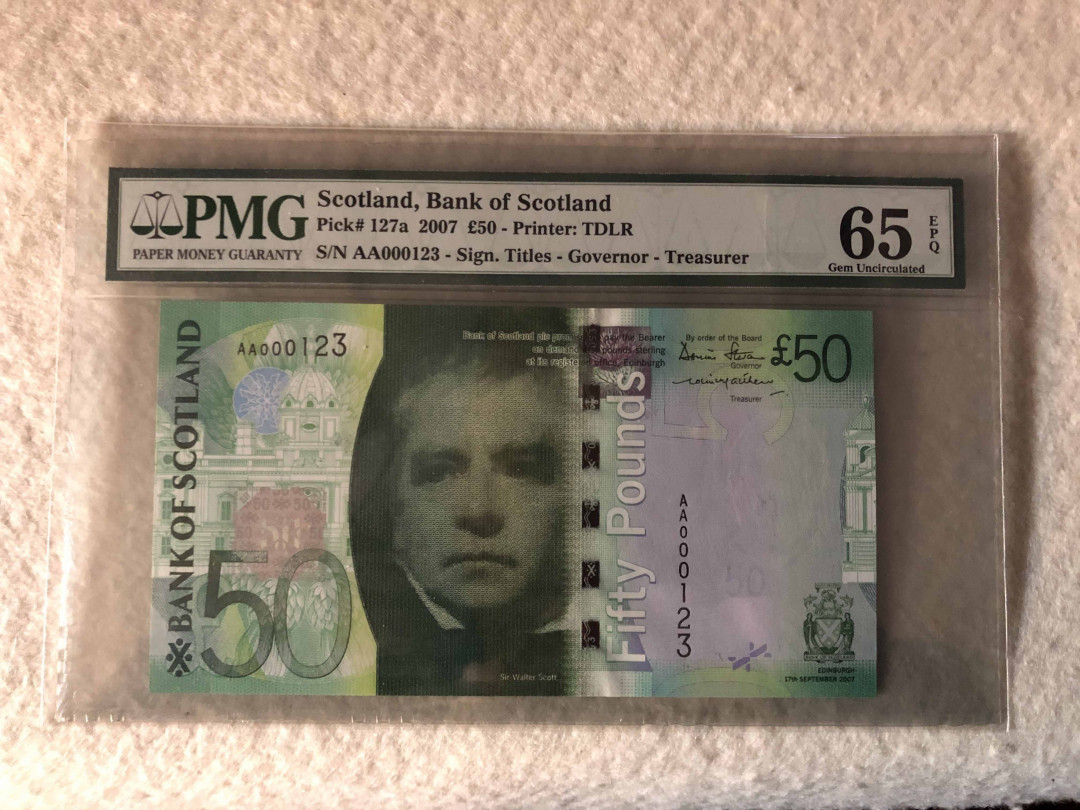【收藏联盟】第110期拍卖——悠远岛歌 【首发三位顺子小号】苏格兰 2007年 50镑 PMG65EPQ S/N：AA000123