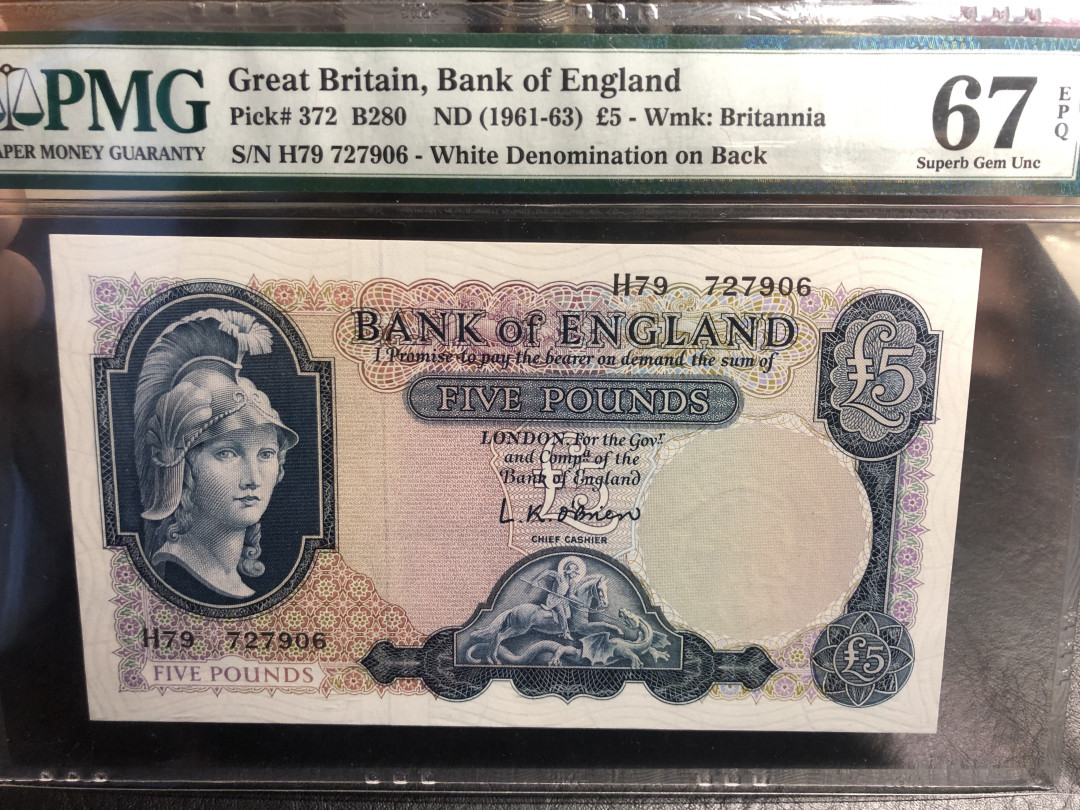 《外钞收藏家》第七十二期拍卖 英国B序列5镑 67分稀少 pmg67