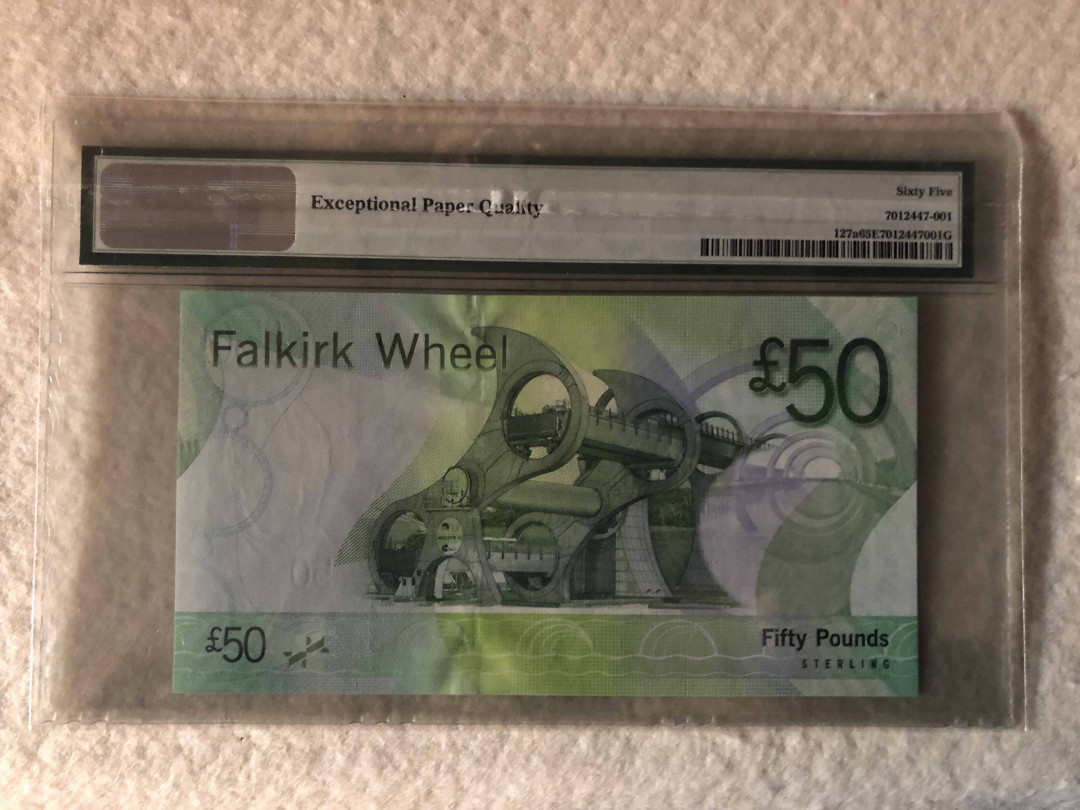 【收藏联盟】第110期拍卖——悠远岛歌 【首发三位顺子小号】苏格兰 2007年 50镑 PMG65EPQ S/N：AA000123