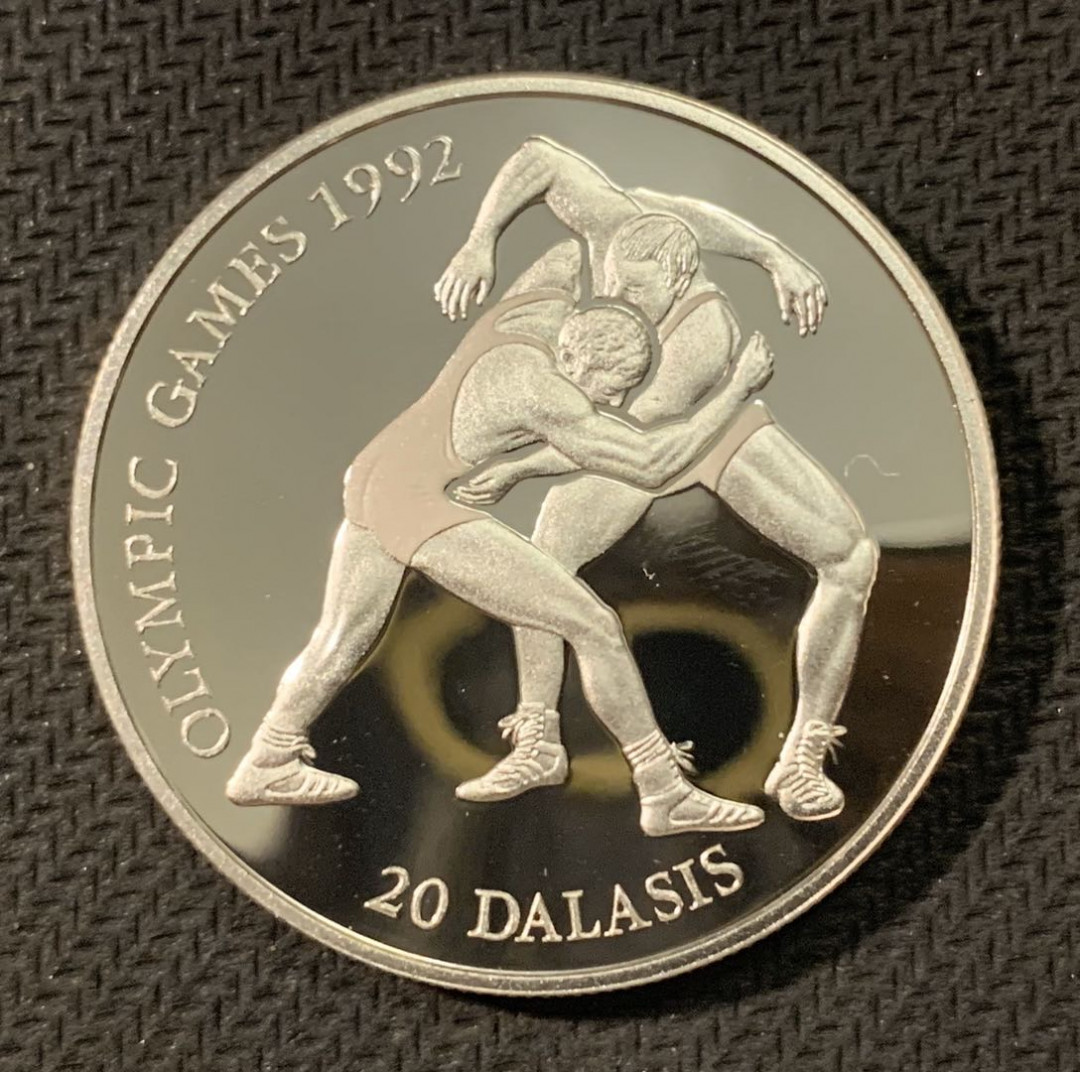 紫瑗钱币—微拍第二期 CICE特别场 外国现代银币 冈比亚 1993年 巴塞奥运会 古典摔跤 20达拉西 银币 28.28克 0.925银