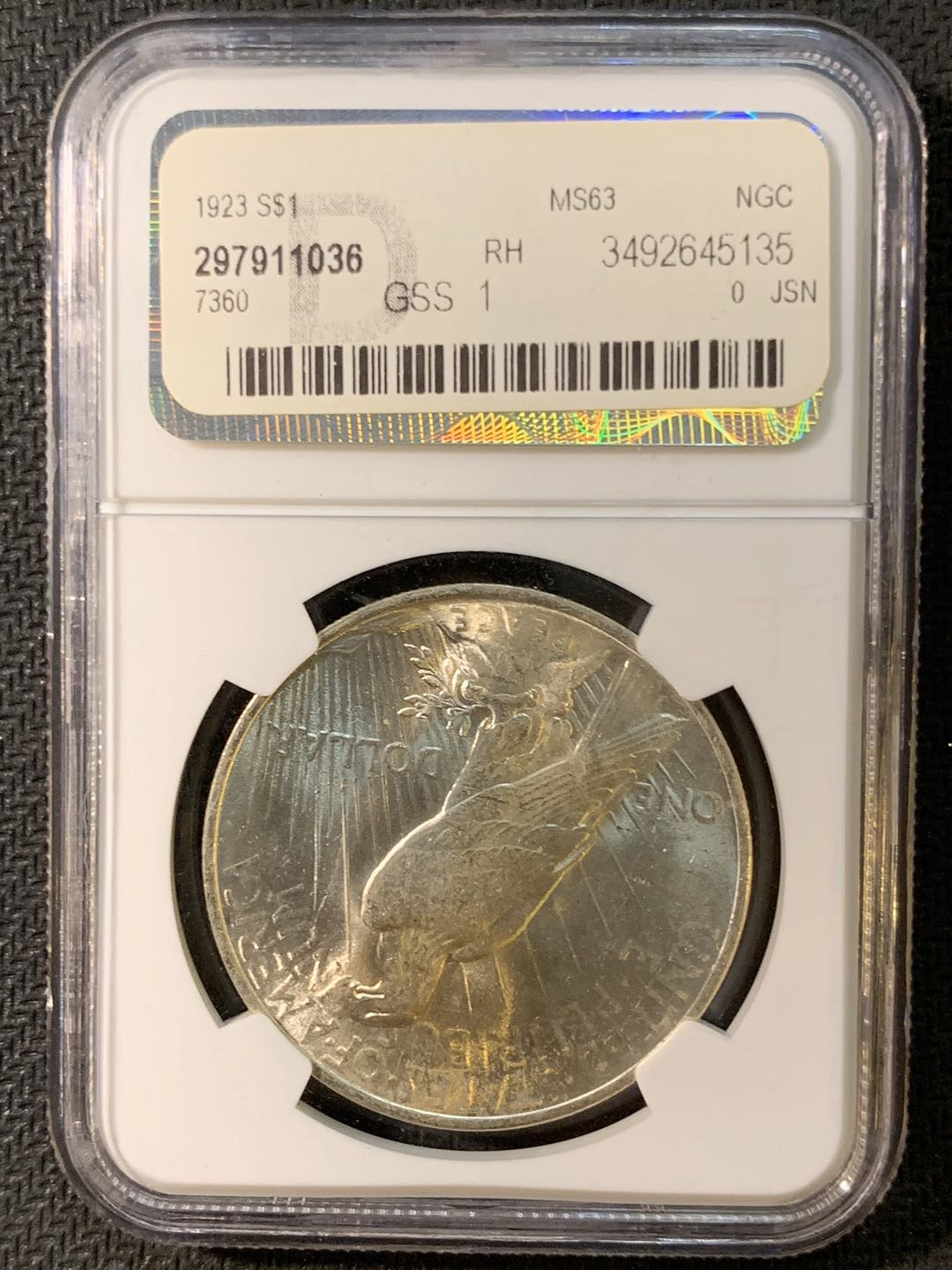紫瑗钱币—微拍第三期  美国 1923年 和平鸽 1美元 NGC MS63 盒有损