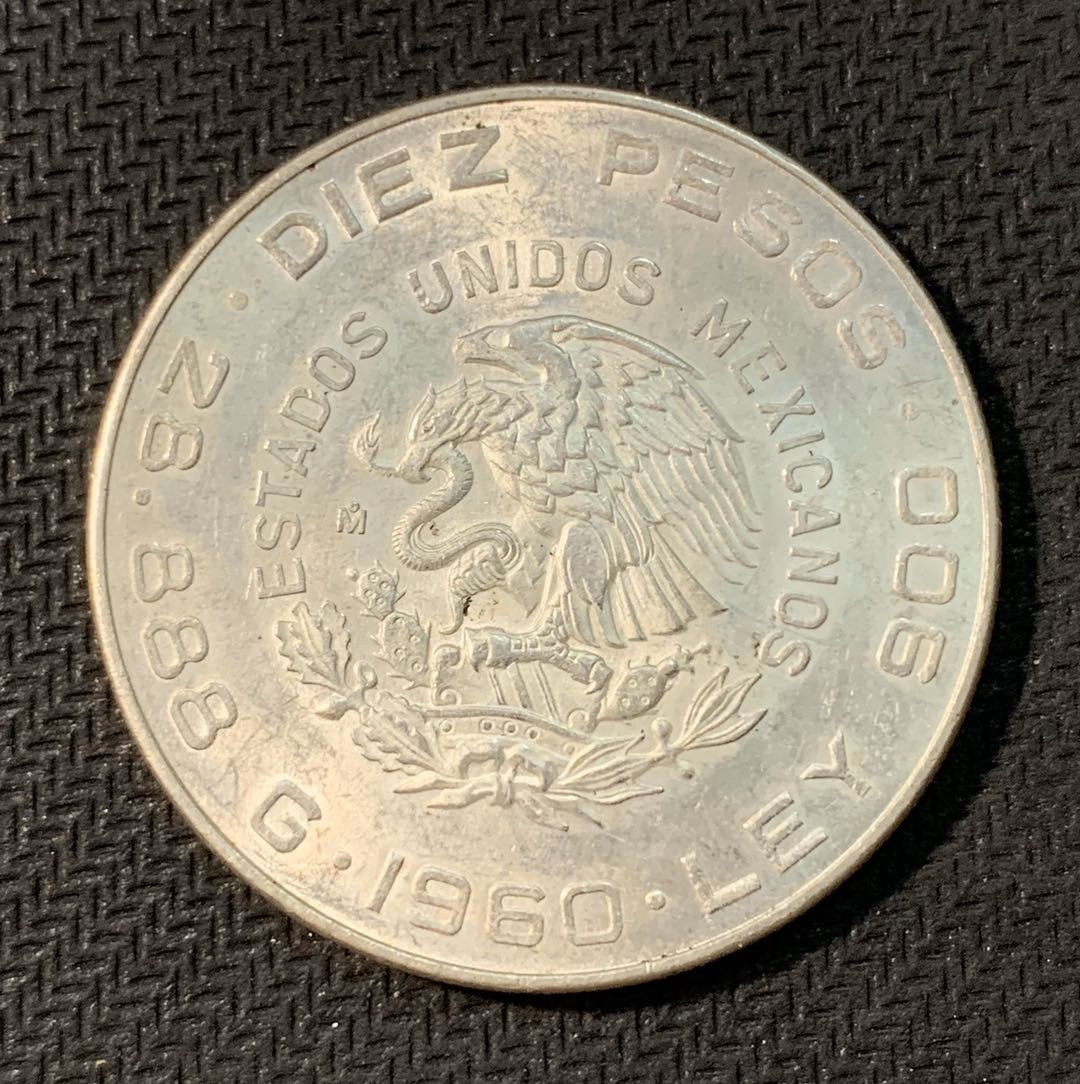 紫瑗钱币—微拍第三期  墨西哥 1960年 独立战争150周年 10比索 银币 29克  0.9银