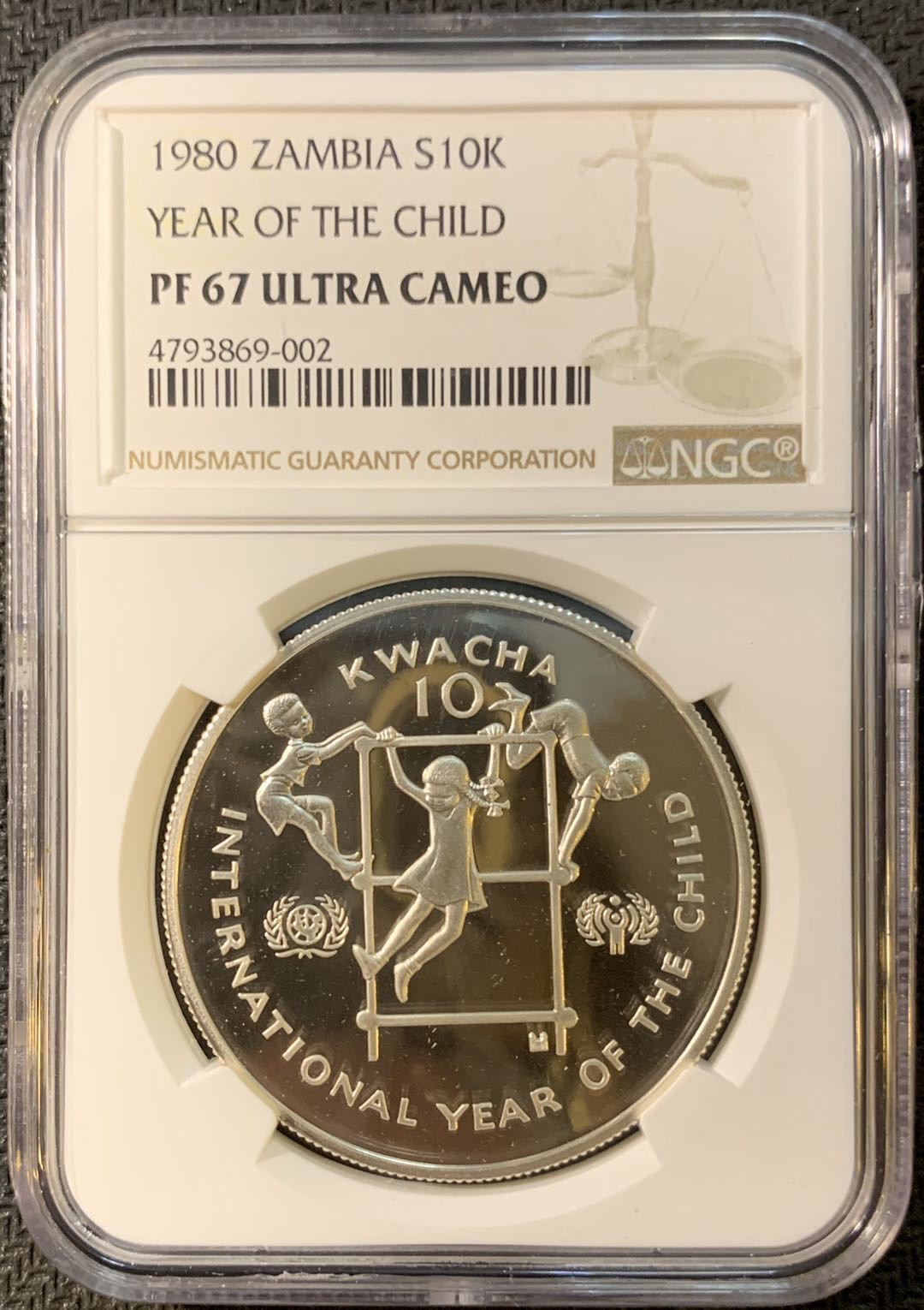 紫瑗钱币—微拍第三期  赞比亚 1980年 10宽扎 儿童年 银币 NGC PR67 UC