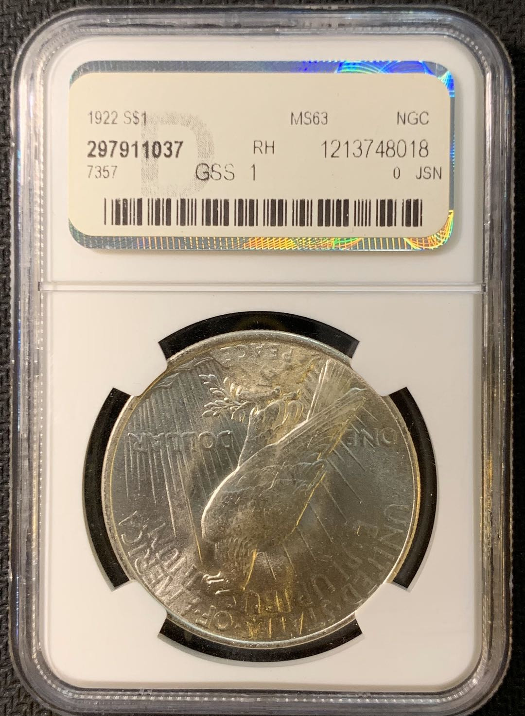 紫瑗钱币—微拍第三期  美国 1922年 和平鸽 1元 银币 NGC MS63