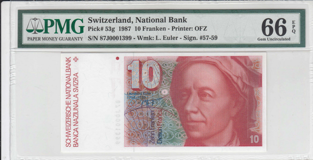 【收藏联盟】第111期拍卖——流光溢彩 【千位小号】瑞士 1987年 10法郎 PMG66EPQ 