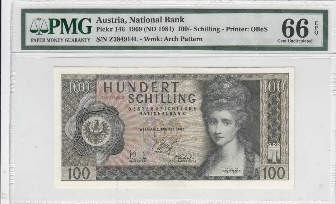 【收藏联盟】第111期拍卖——流光溢彩 奥地利 1969年 100先令 p146 PMG66EPQ  
