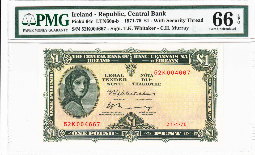 【收藏联盟】第111期拍卖——流光溢彩 爱尔兰 1971-75年 1镑 p64c pmg66EPQ