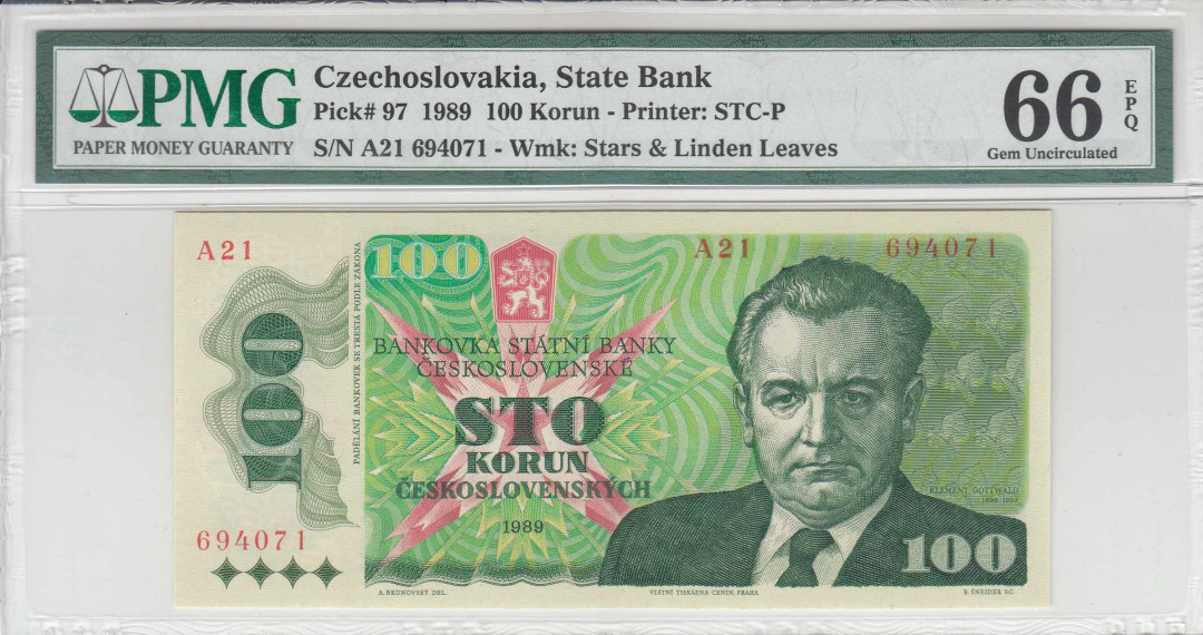 【收藏联盟】第111期拍卖——流光溢彩 捷克斯洛伐克 1989年 100克朗 p97 经典布拉格之春 PMG66EPQ
