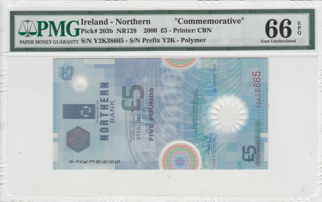 【收藏联盟】第111期拍卖——流光溢彩 北爱尔兰2000年5镑塑料钞 千禧纪念钞 PMG66EPQ 