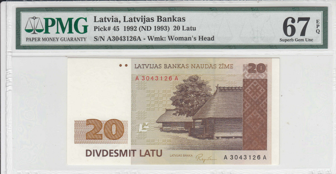 【收藏联盟】第111期拍卖——流光溢彩 【AA冠】拉脱维亚1992年20拉特纸币PMG67EPQ  P45