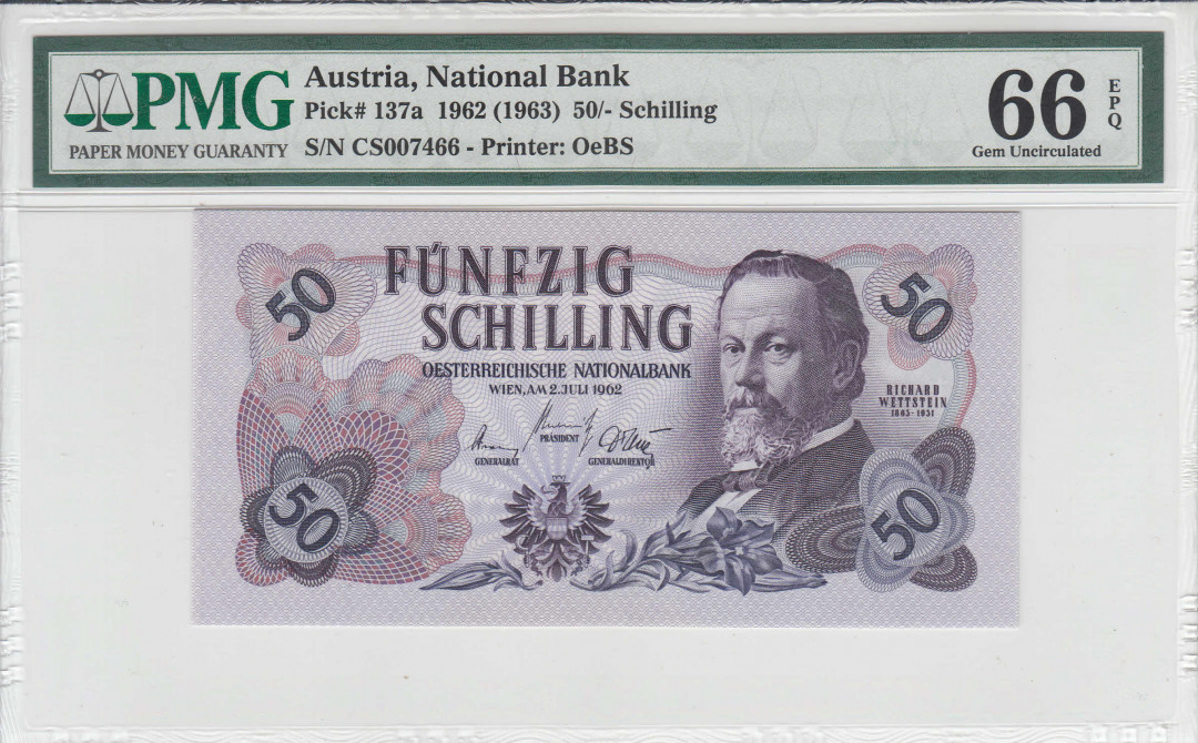 【收藏联盟】第111期拍卖——流光溢彩 奥地利1962年50先令PMG66EPQ  P137a