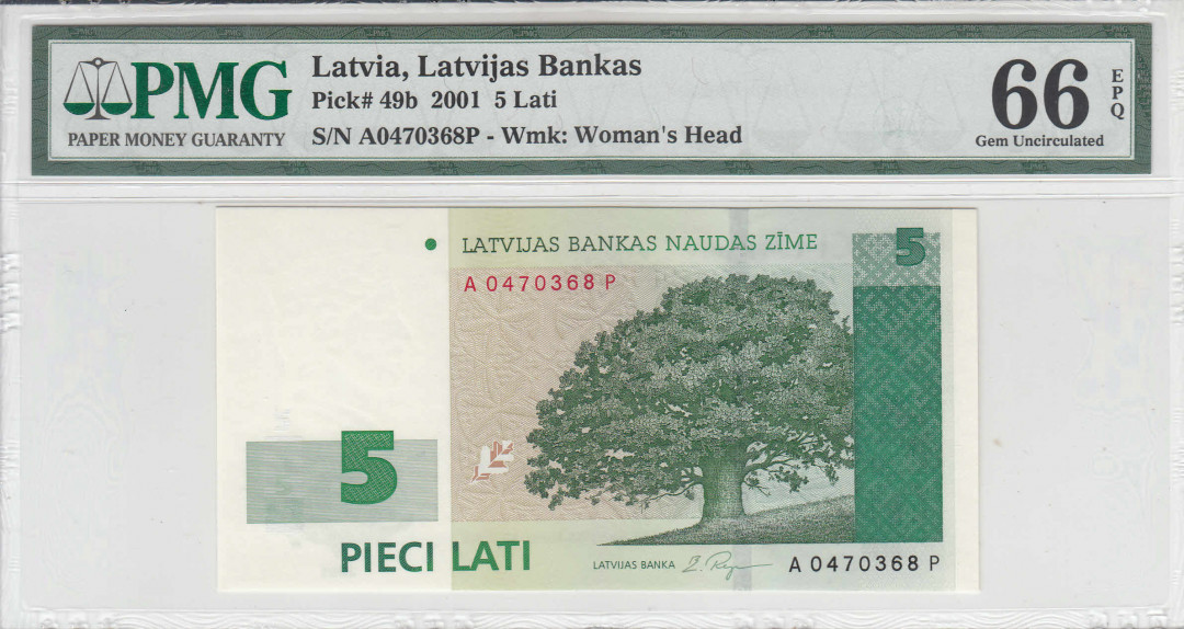 【收藏联盟】第111期拍卖——流光溢彩 拉脱维亚2001年 5拉特纸币PMG66EPQ  P49b