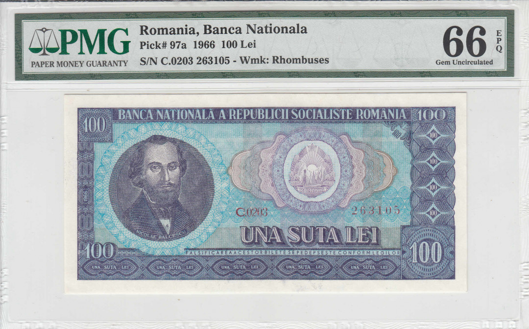 【收藏联盟】第111期拍卖——流光溢彩 罗马尼亚1966年100列伊纸币PMG66EPQ  P-97a