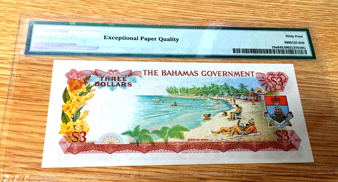 【收藏联盟】第111期拍卖——流光溢彩 巴哈马 1965年首发年份 A冠  3元 p19a  PMG64EPQ  原票 性价比 经典彩背 女王 