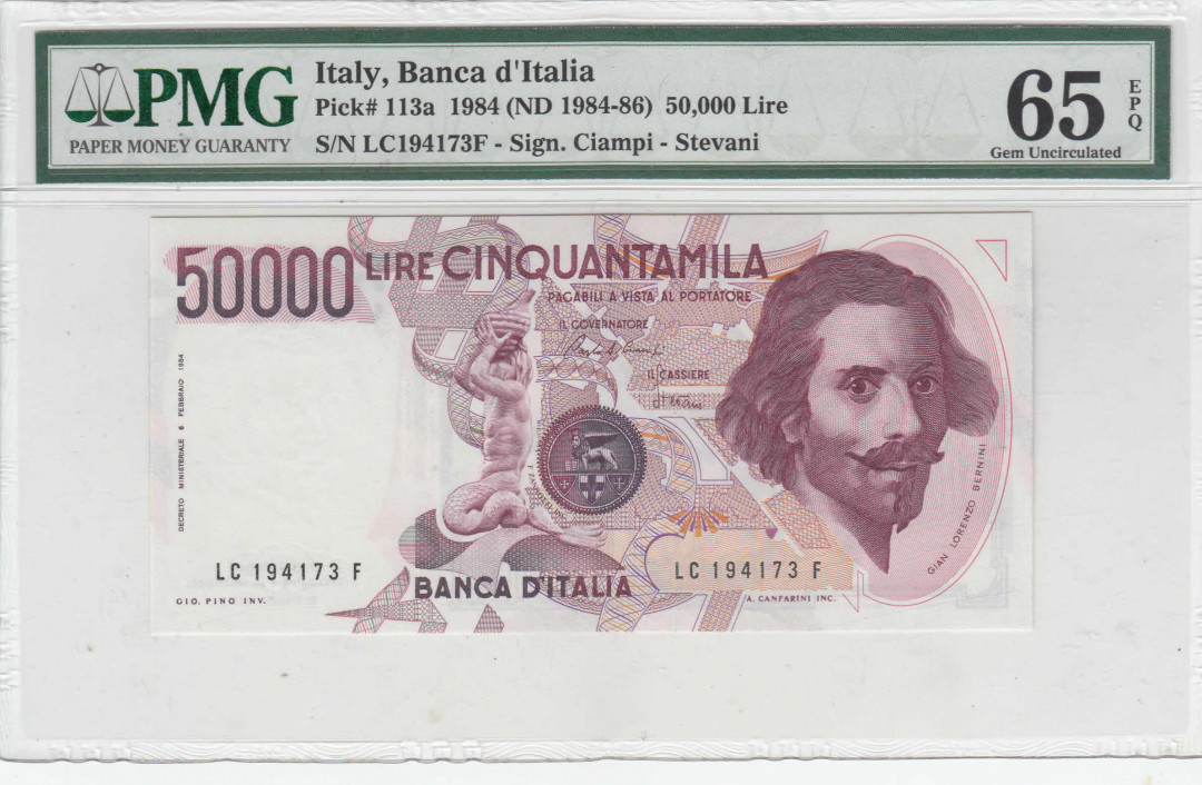 【收藏联盟】第111期拍卖——流光溢彩 意大利 1984年 50000里拉 p113a PMG65EPQ