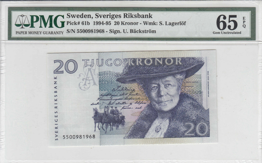 【收藏联盟】第111期拍卖——流光溢彩 瑞典1991-92年 20克朗 p61b PMG65EPQ 早期版本 