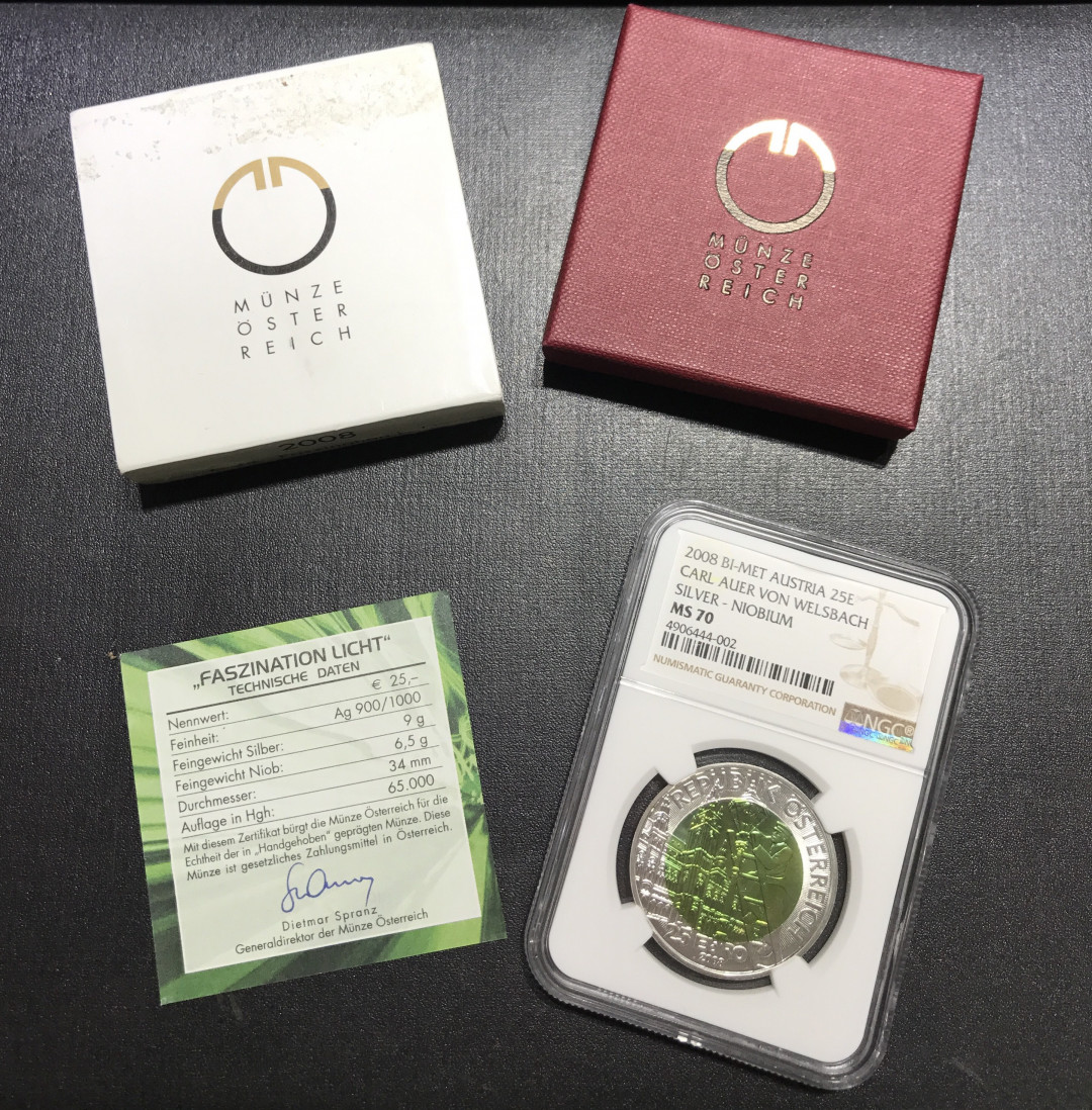 【随心&Getcoins】现代金银币拍卖四十一期 奥地利2008年25欧 纪念银铌双色币NGC70