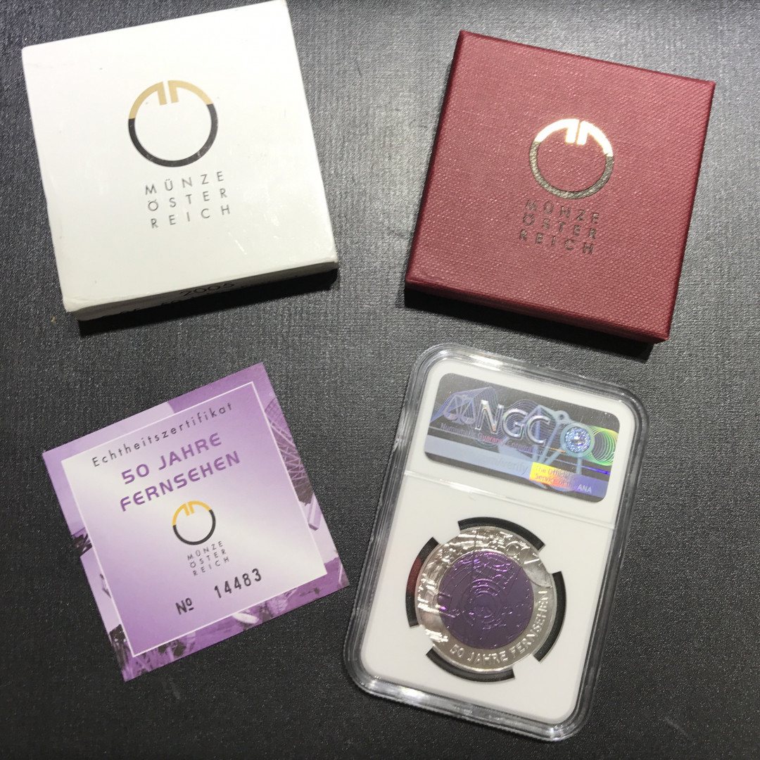 【随心&Getcoins】现代金银币拍卖四十一期 奥地利2005年电视机发明50周年银铌双金属25欧元币NGC69