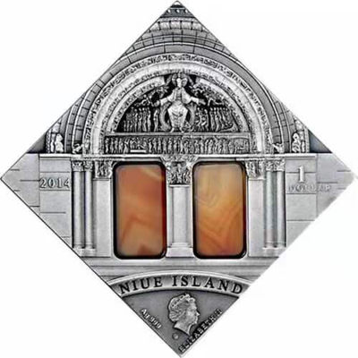 【随心&Getcoins】现代金银币拍卖四十一期 【纽埃】纽埃2014年1元，改变世界建筑艺术系列—罗马艺术，镶嵌天然(双块)玛瑙 仿古抗氧 透光 异形(菱形) 艺术精制银币