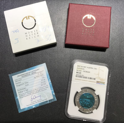 【随心&Getcoins】现代金银币拍卖四十一期 奥地利2007年银铌镶嵌系列航空先驱银铌双金属彩币NGC69