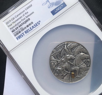 【随心&Getcoins】现代金银币拍卖四十一期 【喀麦隆】天启4骑士镀金仿古银币【ngc69】