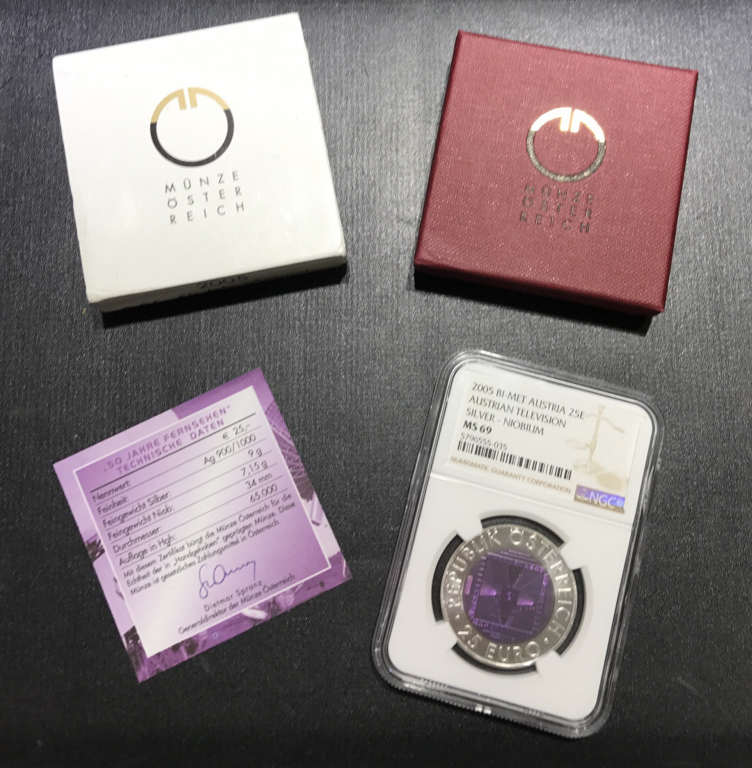 【随心&Getcoins】现代金银币拍卖四十一期 奥地利2005年电视机发明50周年银铌双金属25欧元币NGC69