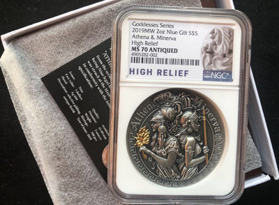 【随心&Getcoins】现代金银币拍卖四十一期 【纽埃高浮雕系列】女神2雅典娜镀金银币【ngc70】