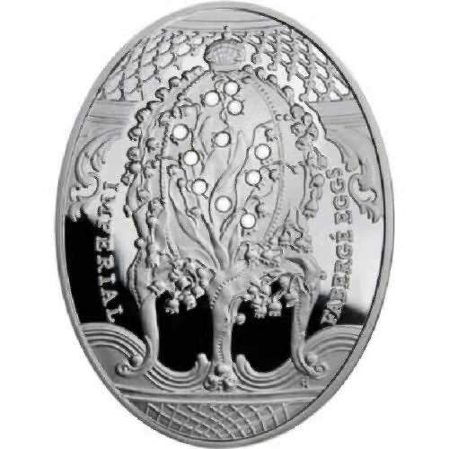 【币观天下】第九十三期钱币拍卖 纽埃2010年2元，56.56克 皇家费伯奇彩蛋-“山谷百合”镶嵌白色施华洛世奇宝石11颗 异形(椭圆形) 精制纪念银币 