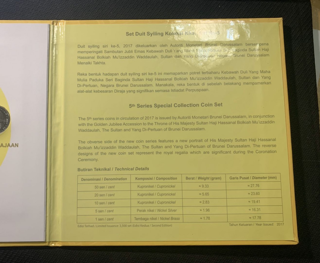 紫瑗钱币—微拍第五期  文莱 2017年 建国50周年 1分—50分 5枚套 原厂卡