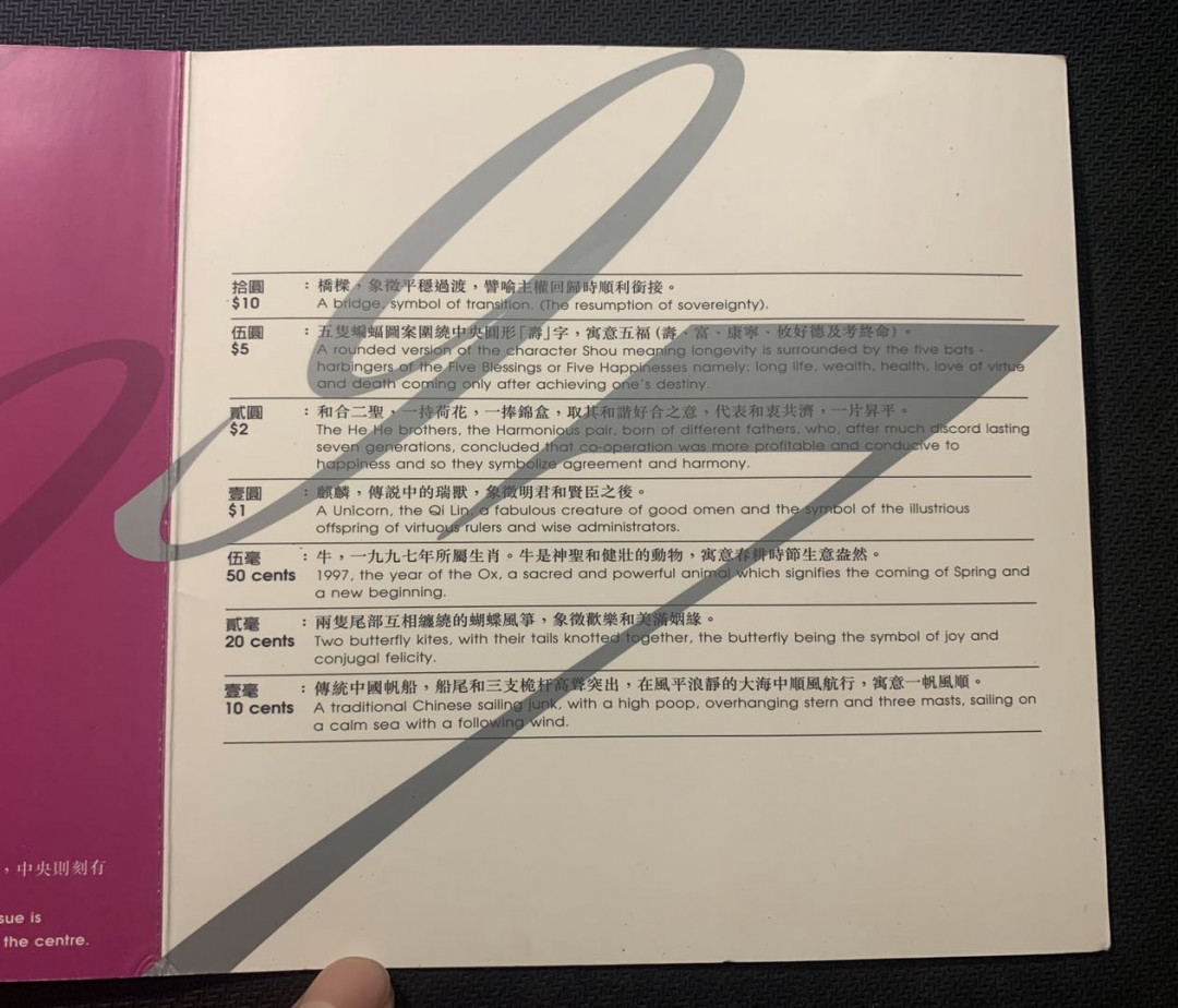 紫瑗钱币—微拍第五期  香港 1997年 香港回归 10分—10元 7枚套 原厂卡装