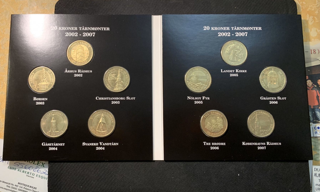 紫瑗钱币—微拍第五期  丹麦 2002—07年 20克朗纪念币 10枚全 原厂卡 少见