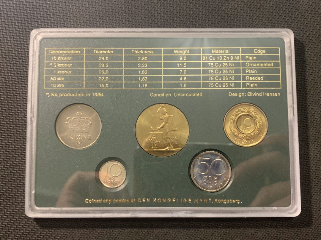 紫瑗钱币—微拍第五期  挪威 1989年 10欧尔—10克朗 带纪念章5克朗 原厂盒