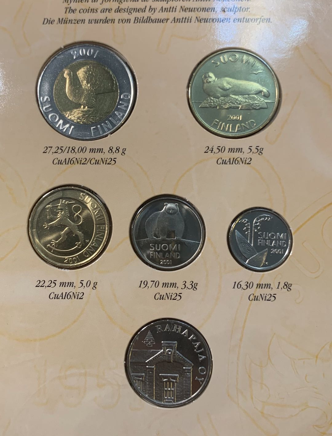 紫瑗钱币—微拍第五期  芬兰 2001年 第一种 流通币 5枚套 原厂卡装