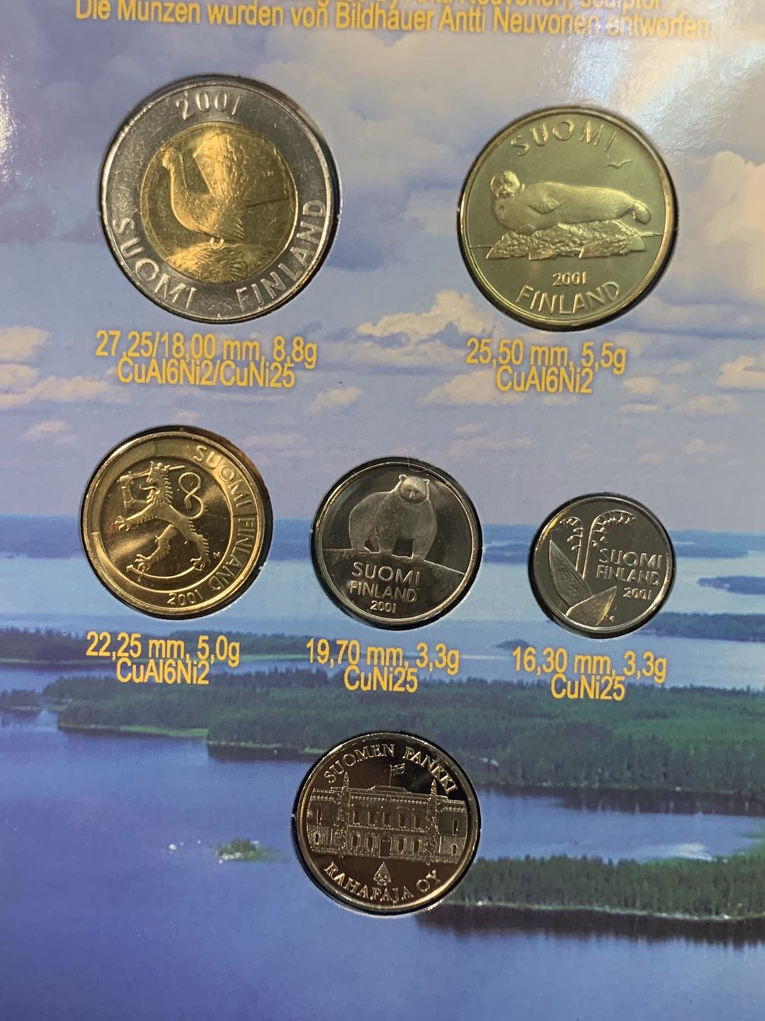 紫瑗钱币—微拍第五期  芬兰 2001年 第二种 流通币 5枚套 原厂卡装