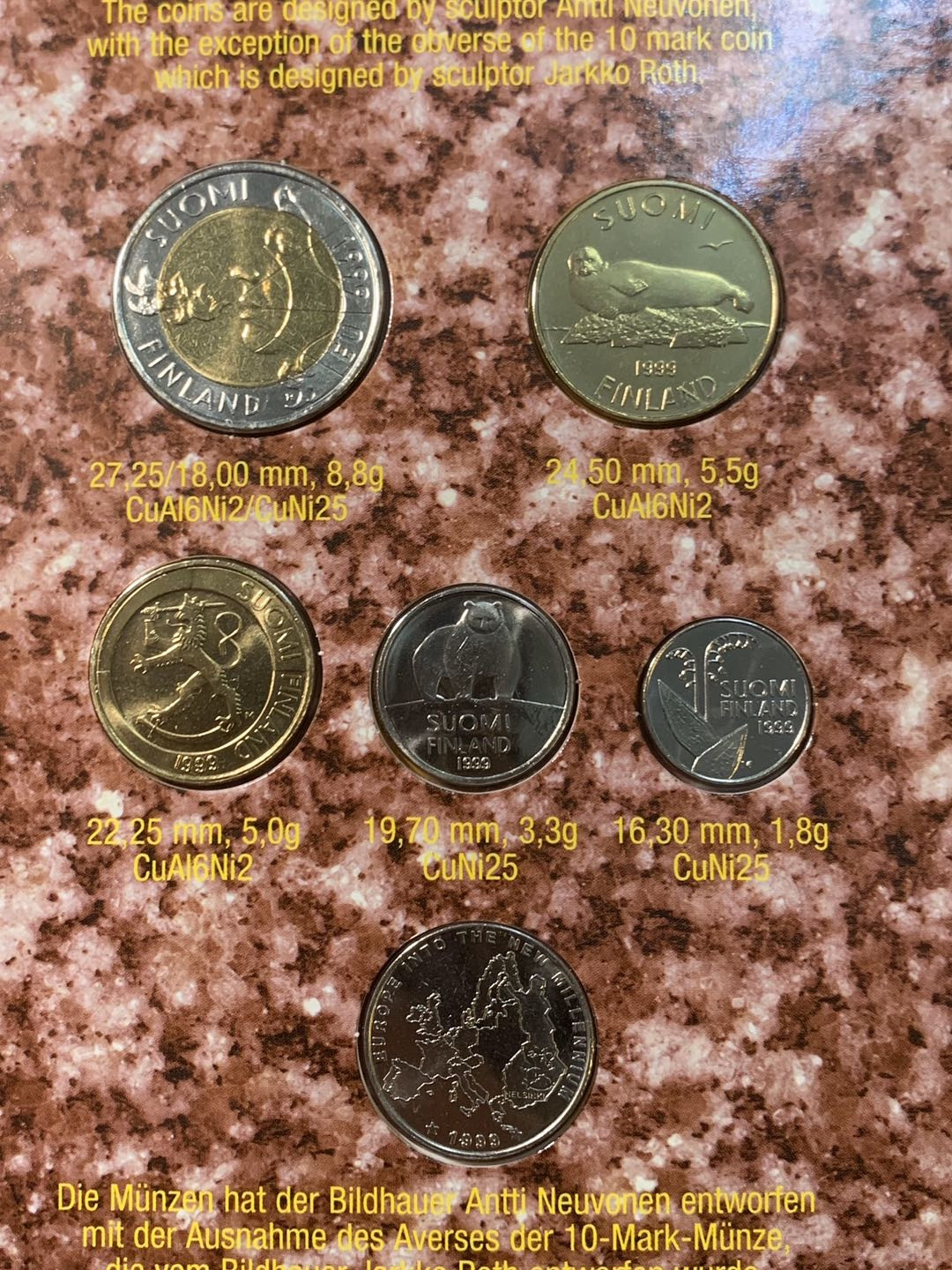 紫瑗钱币—微拍第五期  芬兰 1999年 第二种 5枚套 喷火10马克 原厂卡装 少见