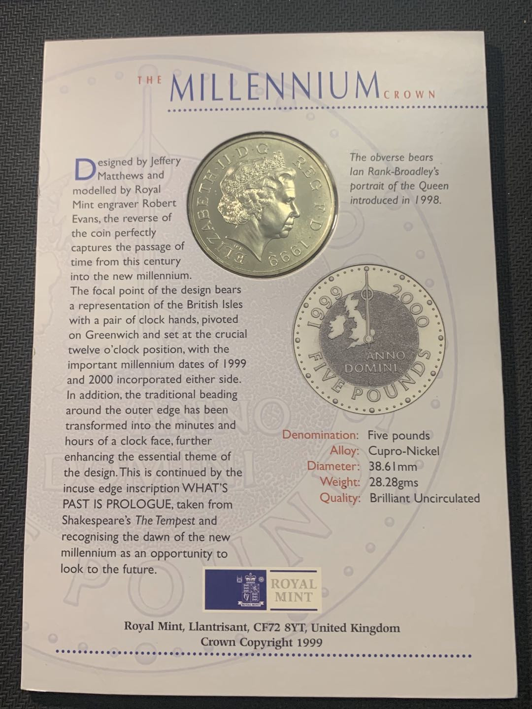 紫瑗钱币—微拍第五期  英国 2000年 千禧年 5磅 纪念银币 原厂卡装