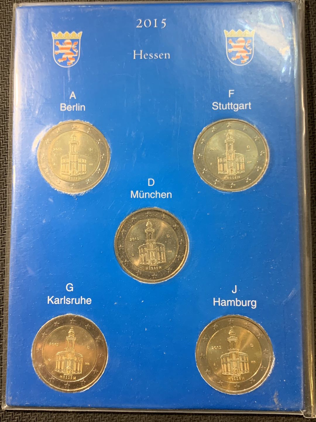 紫瑗钱币—微拍第五期  德国 2015年 法兰克福圣保罗教堂 2欧元 5个厂标 卡装