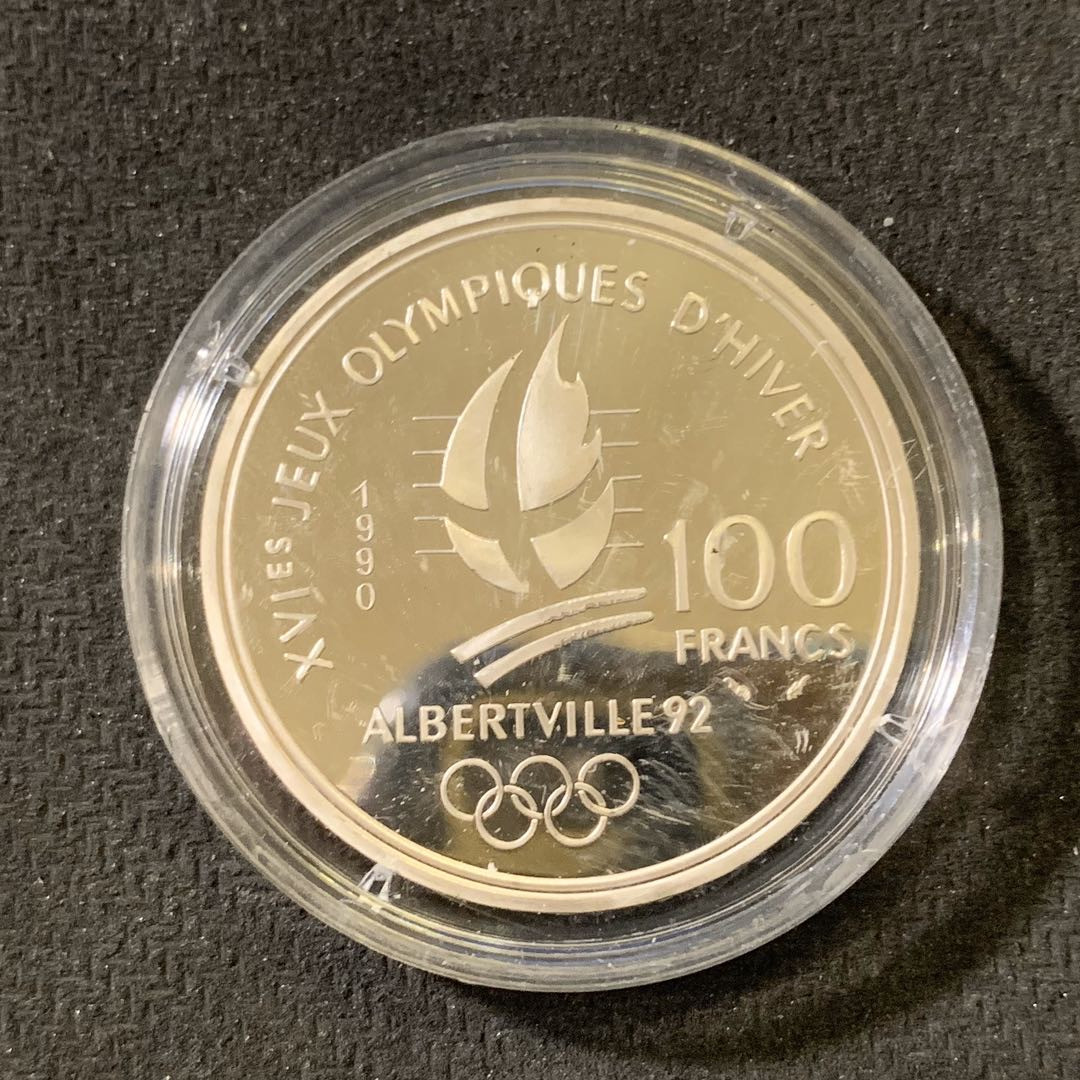 紫瑗钱币—微拍第六期  外国现代银币场 法国 1990年 滑雪车 100法郎 22.2克 0.9银 精制