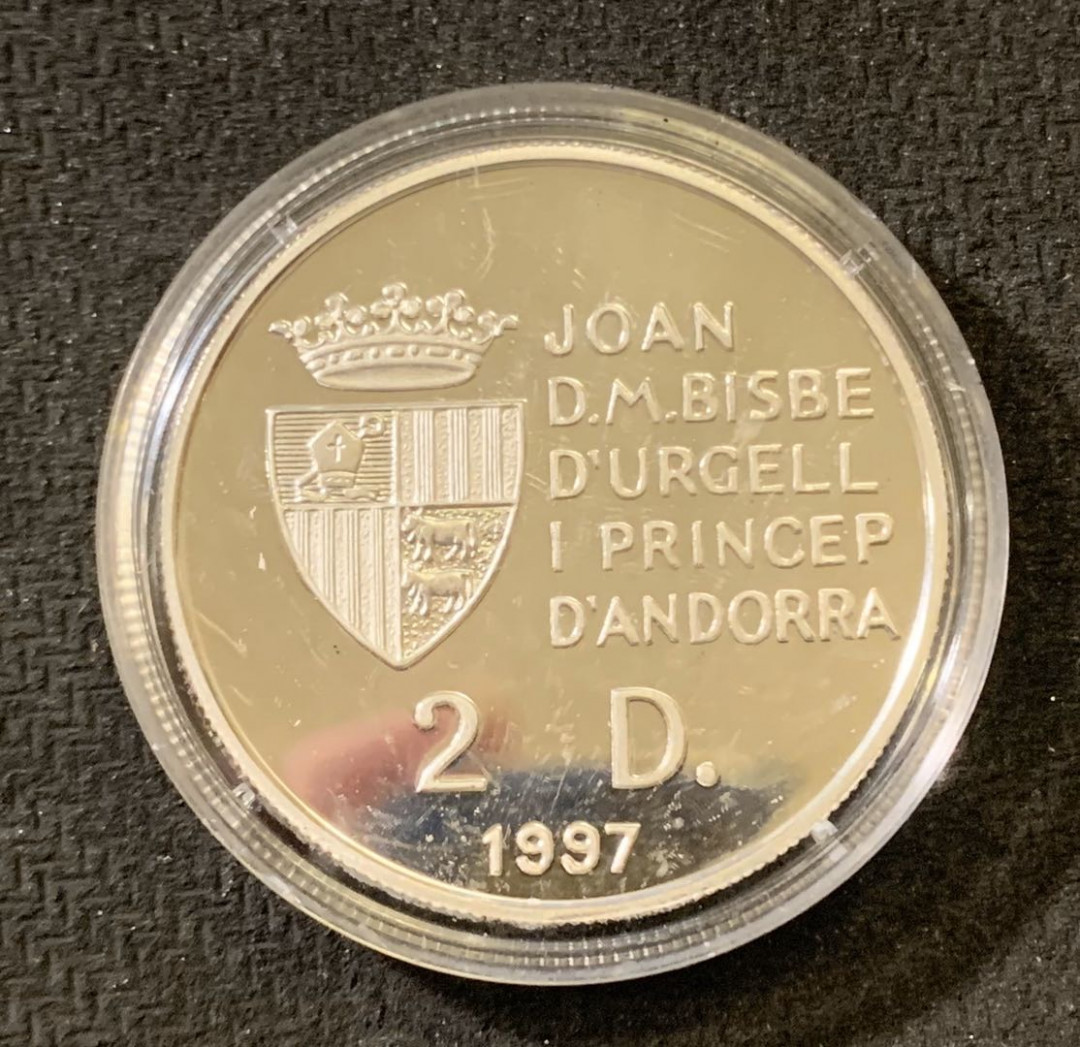 紫瑗钱币—微拍第六期  外国现代银币场 安道尔 1997年 速度雪橇 2第纳尔 20克 0.925银 精制