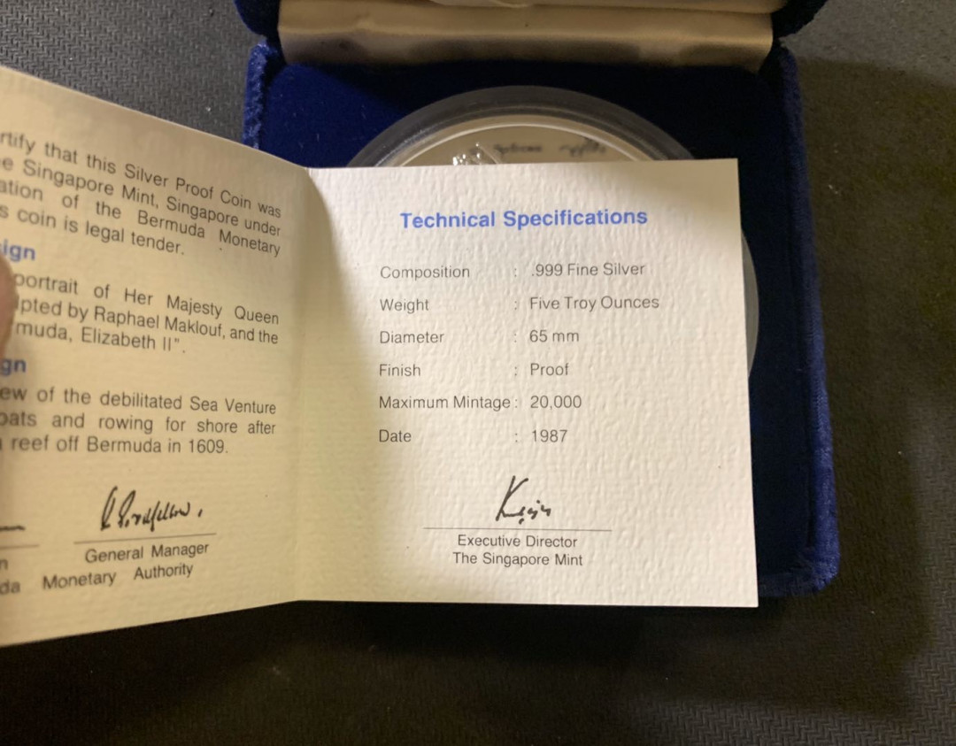 紫瑗钱币—微拍第六期  外国现代银币场 百慕 1987年 百慕大神秘三角区 5元 155.6克 0.999银 带盒证