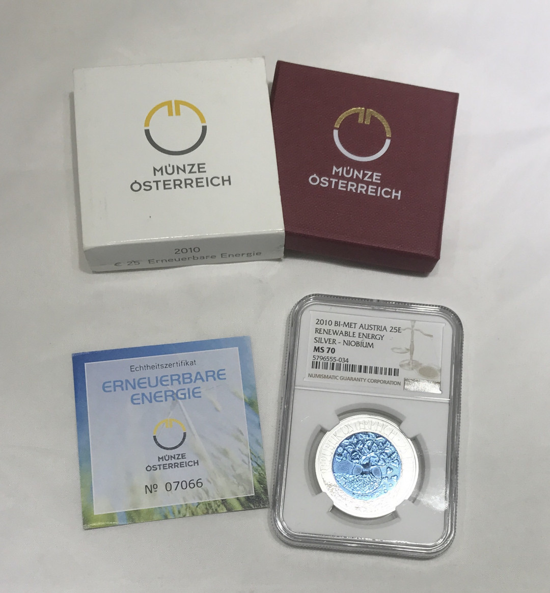 【随心拍&Getcoins】现代金银币拍卖第四十二期 奥地利2010年再生能源蓝色铌金属镶嵌银铌双金属币NGC70
