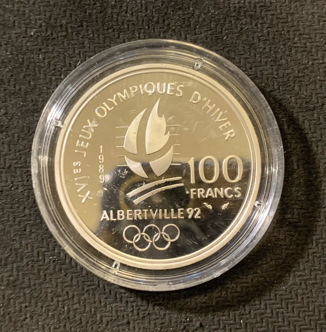 紫瑗钱币—微拍第六期  外国现代银币场 法国 1989年 障碍滑雪 100法郎 22.2克 0.9银 精制